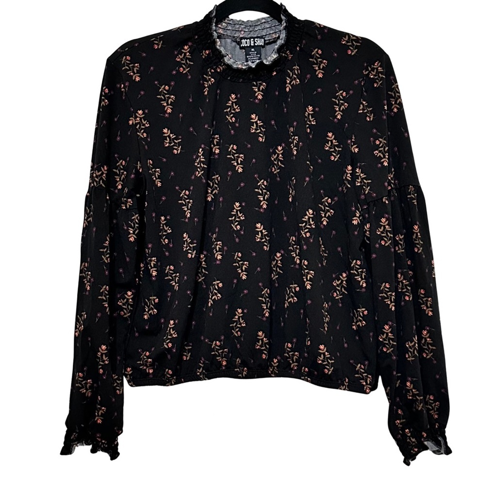 Coco & Shay Black Floral Long Sleeve Blouse Mock Neck Ruffle Trim Top Size XL